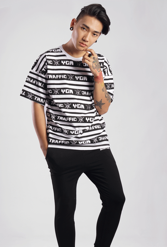 YGN TRAFFIC  Word Logo Design Stripe Tshirt(White)